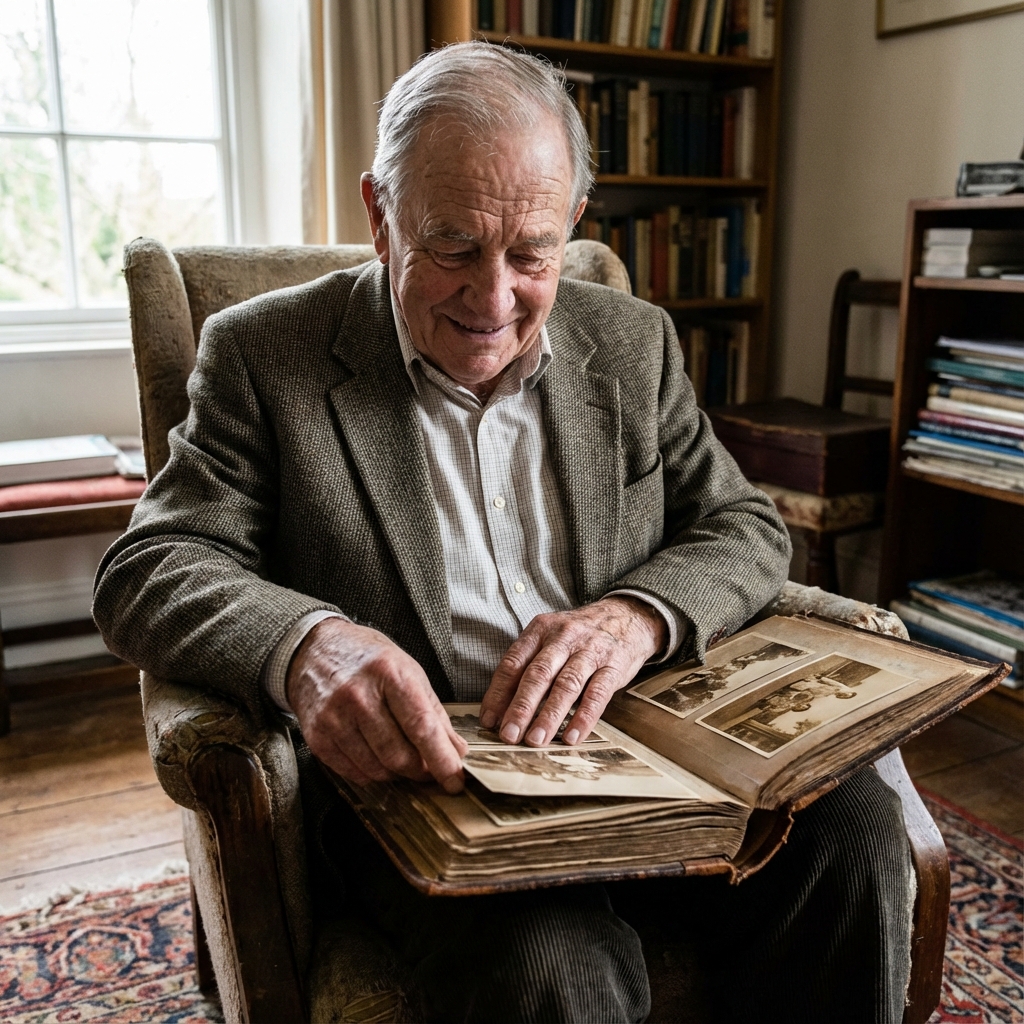 Senior reflecting on life stories with satisfaction