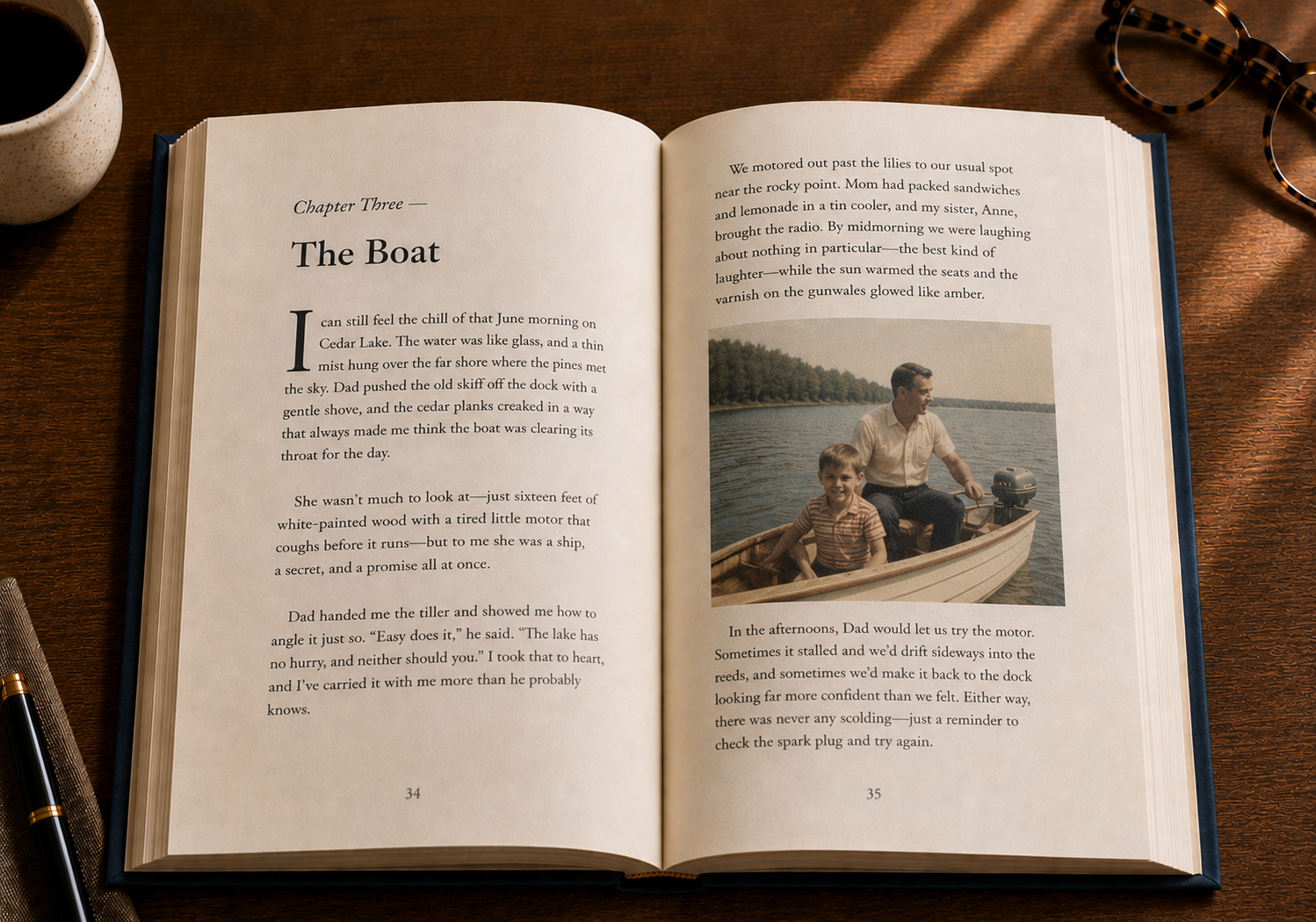 An open spread of a finished Fablr book — a spoken memory set as a readable written chapter