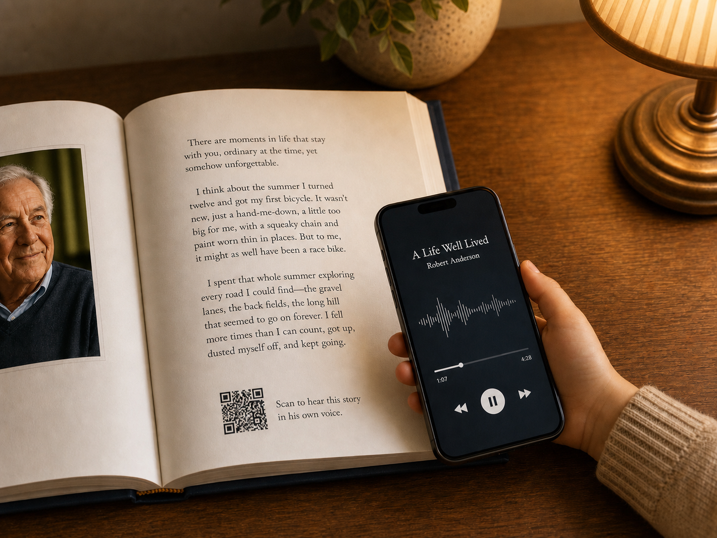 A phone held over an open book page, showing the audio waveform of the story playing in the storyteller's own voice