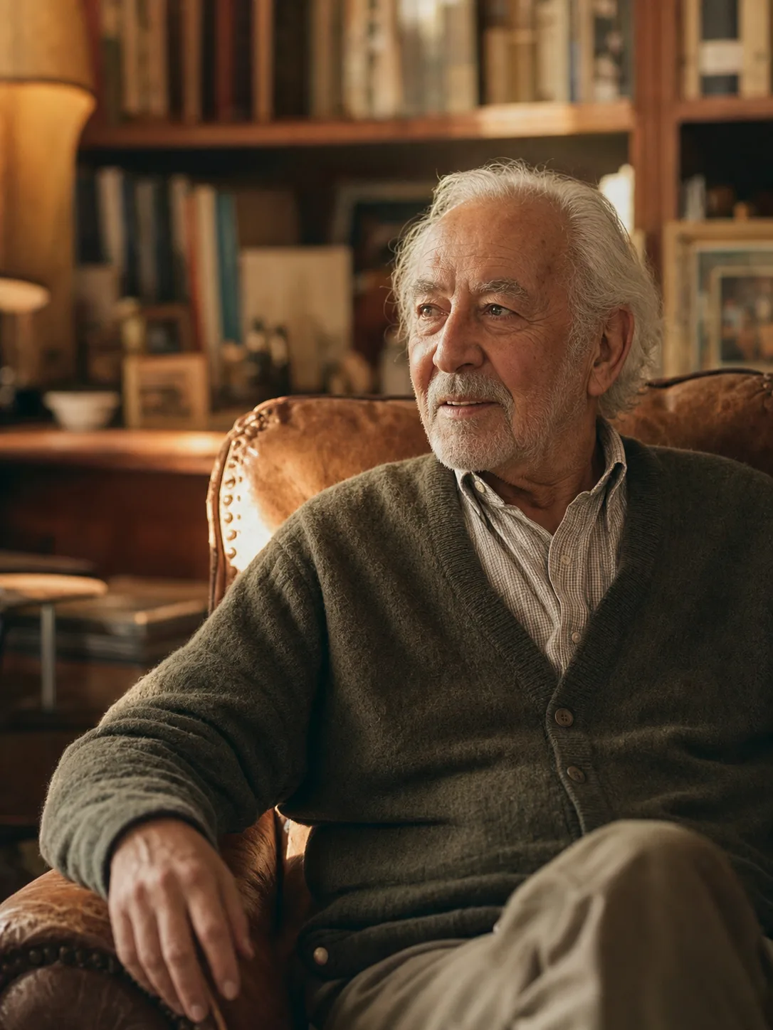 An older father in a leather armchair in a book-lined study, mid-story