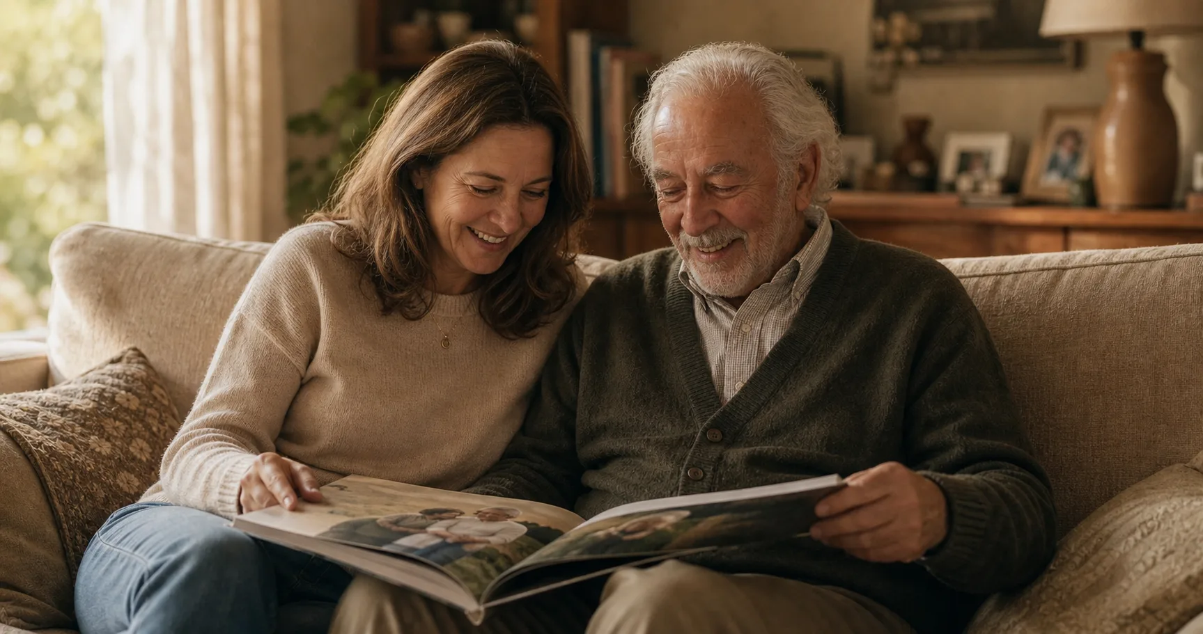 An older father in a book-lined study