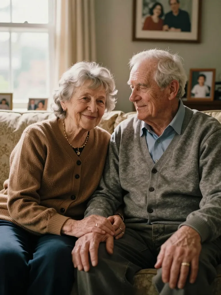 A grandmother and grandfather in their early seventies sitting close together in a sunlit living room