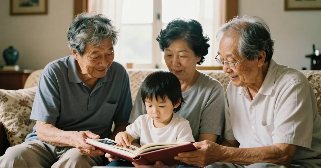 Grandparents sitting together in a sunlit living room