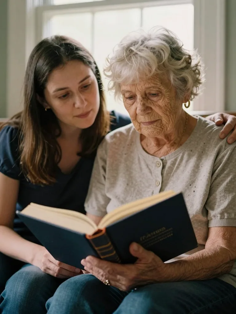 An elderly mother and her adult daughter sitting together looking at a navy hardcover memoir on their laps