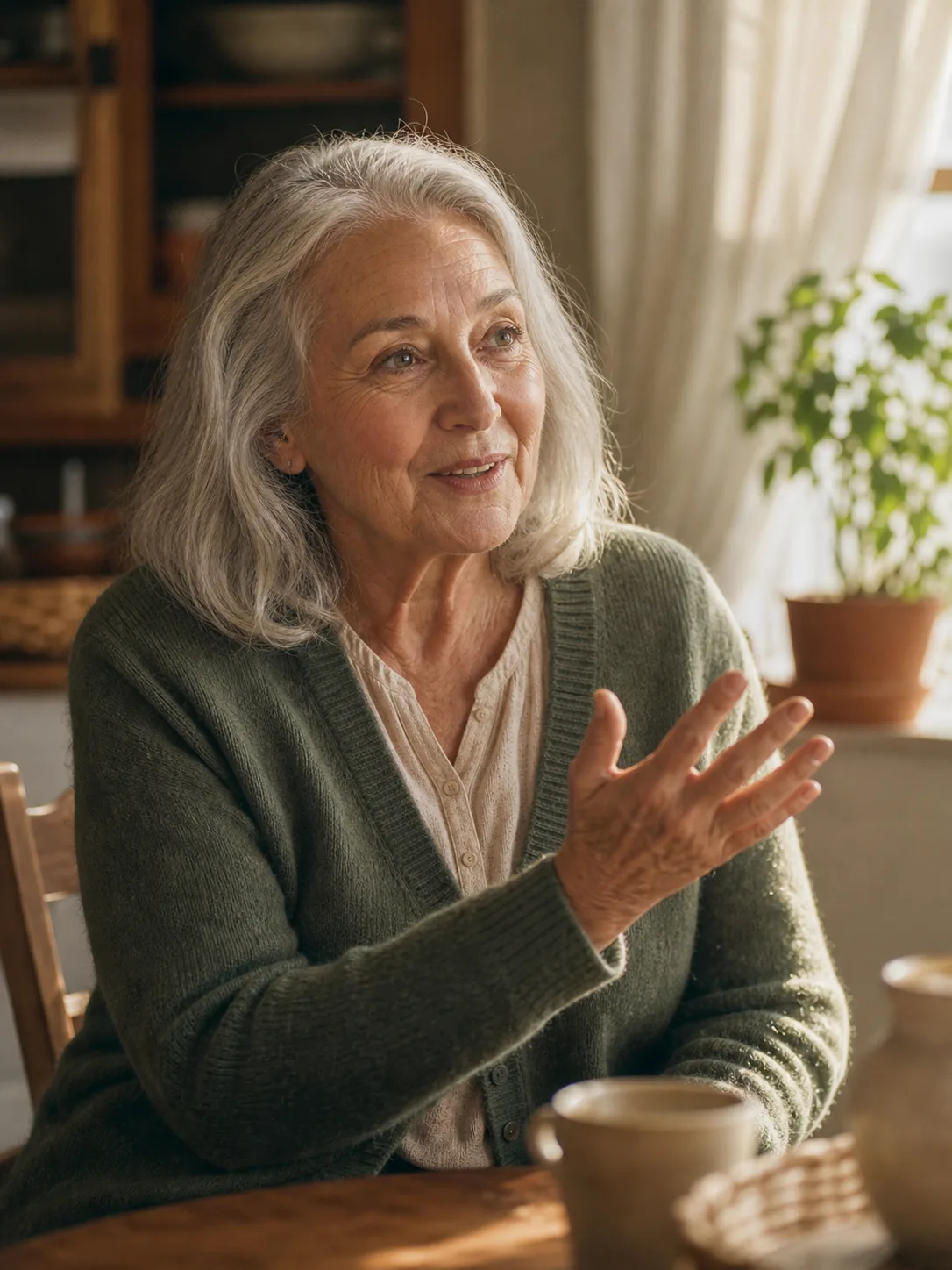 A grandmother in her early seventies in a sunlit living room, sharing a memory