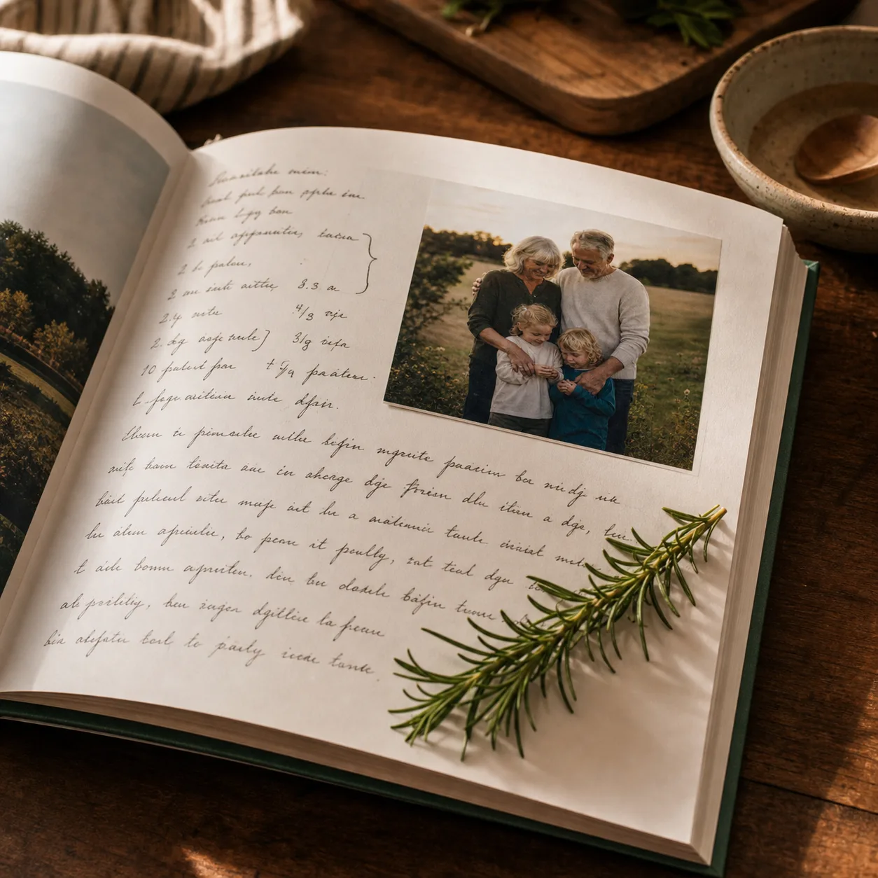 Weathered hands turning the pages of an open hardcover memoir filled with old family photographs