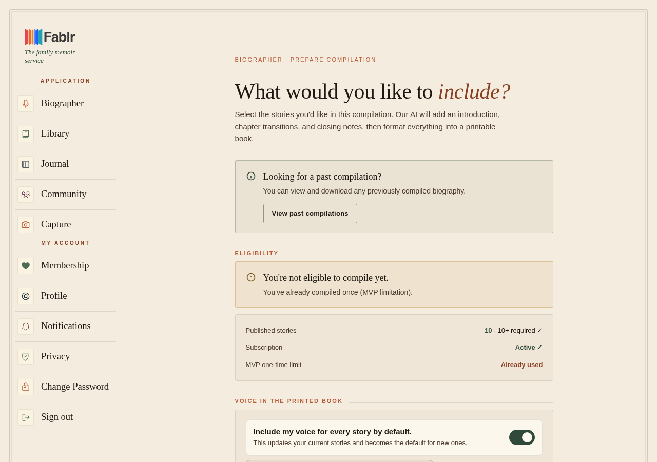 Book preparation page used to compile or preview a biography.