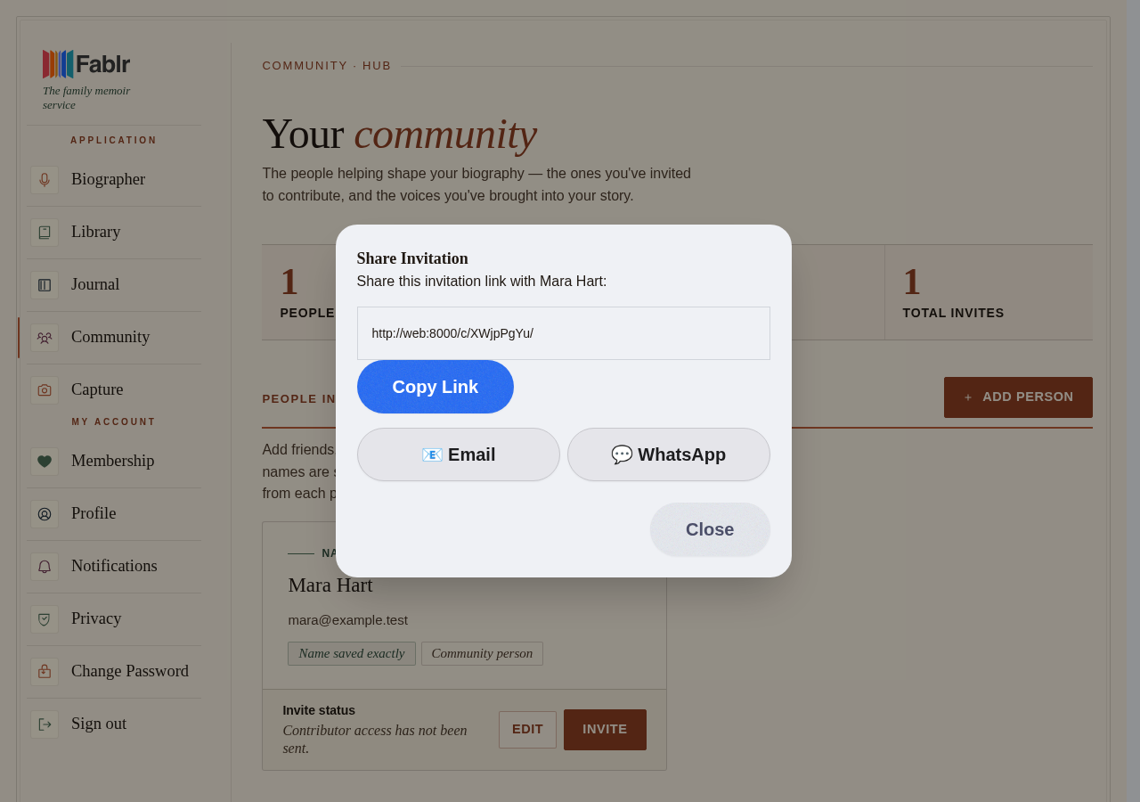 Contributor invite modal opened from a person card in the community page.
