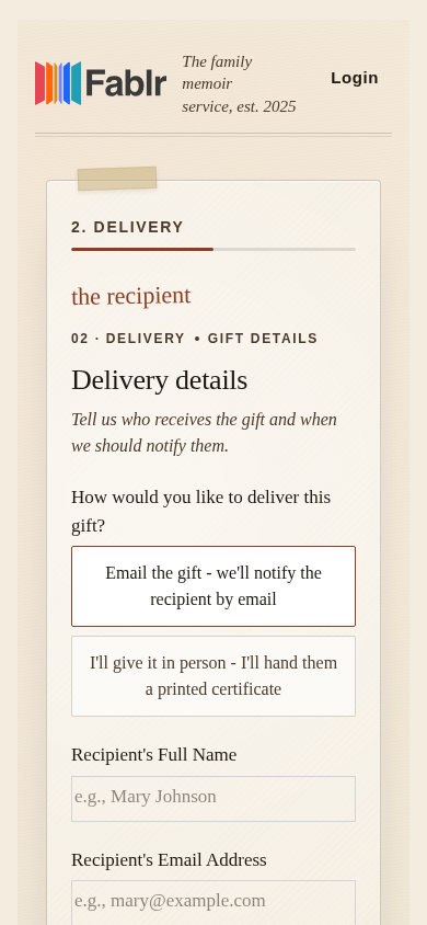 Mobile gift setup screen with recipient fields stacked for phone use.