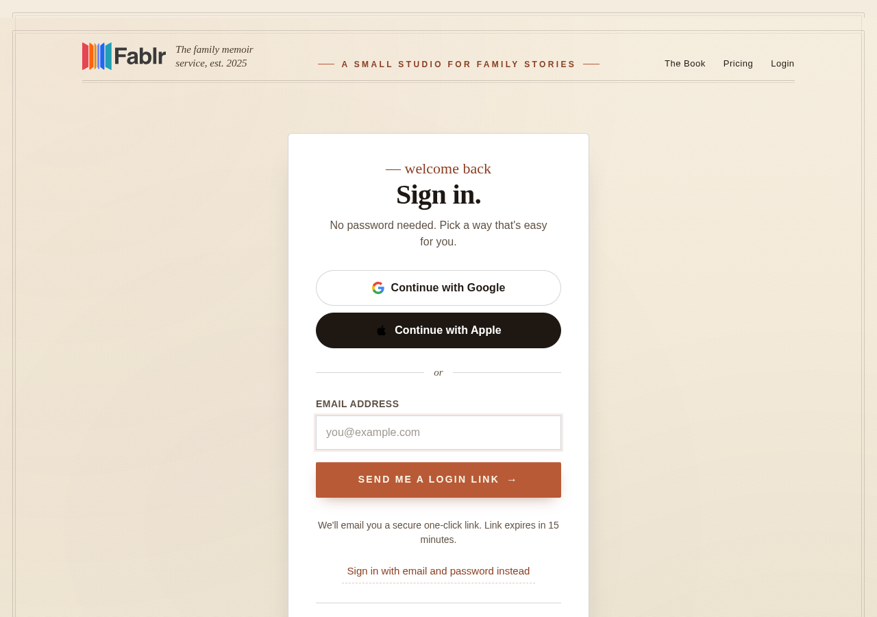 Fablr sign-in page with email login and password sign-in options.