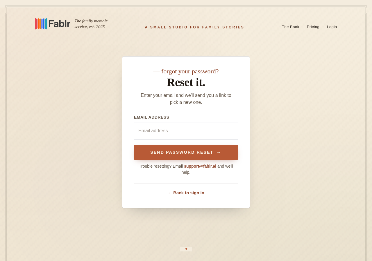 Password reset page asking for the account email address.