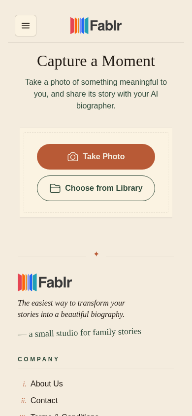 Mobile photo capture page with camera and library options.