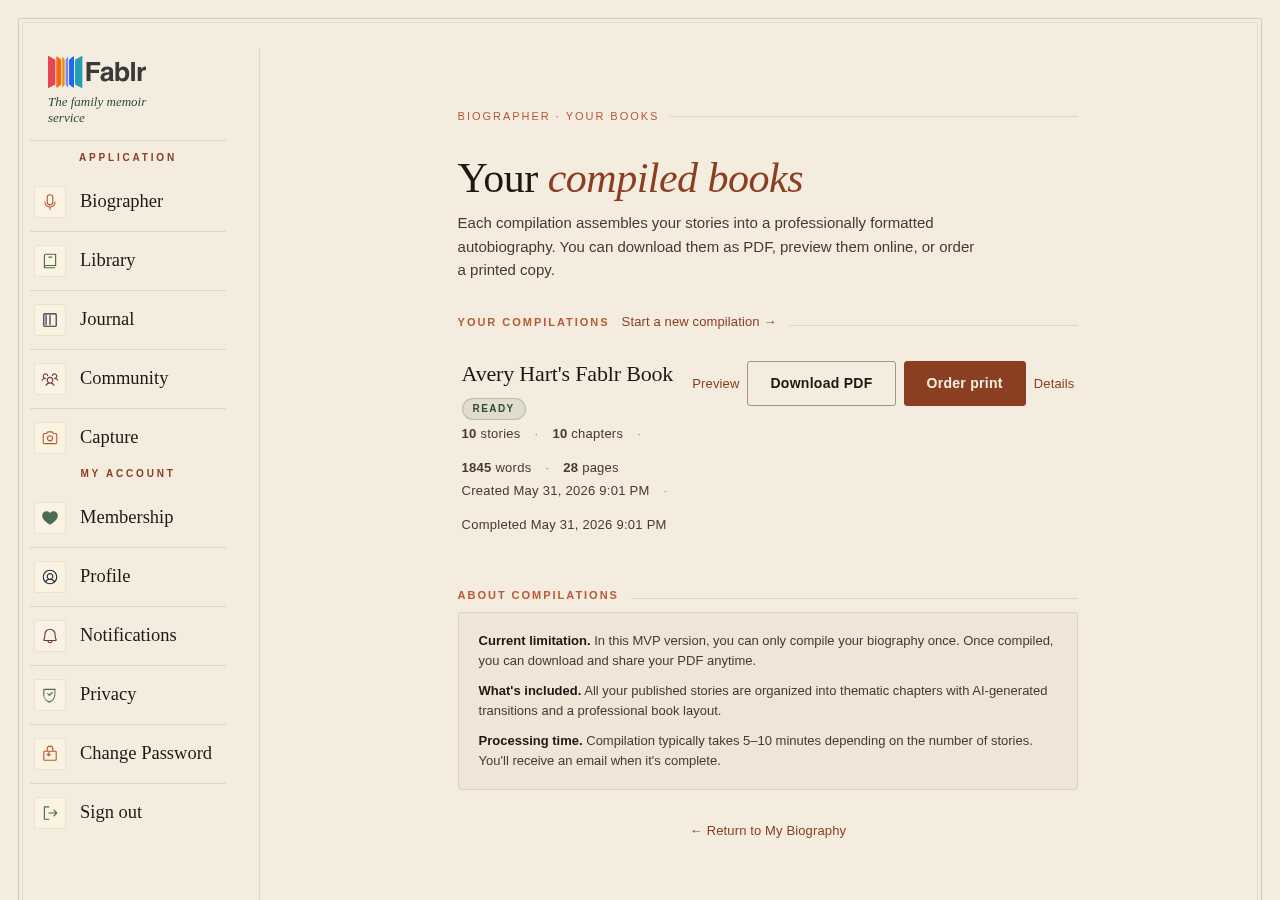 Print order page showing copy and checkout controls for a compiled book.