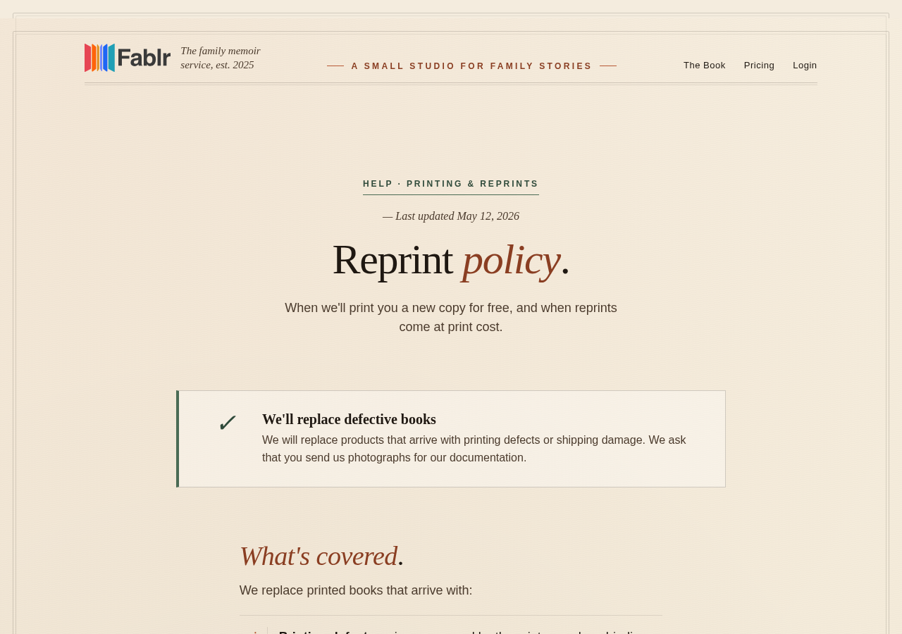 Fablr reprint policy page with instructions for damaged or defective books.