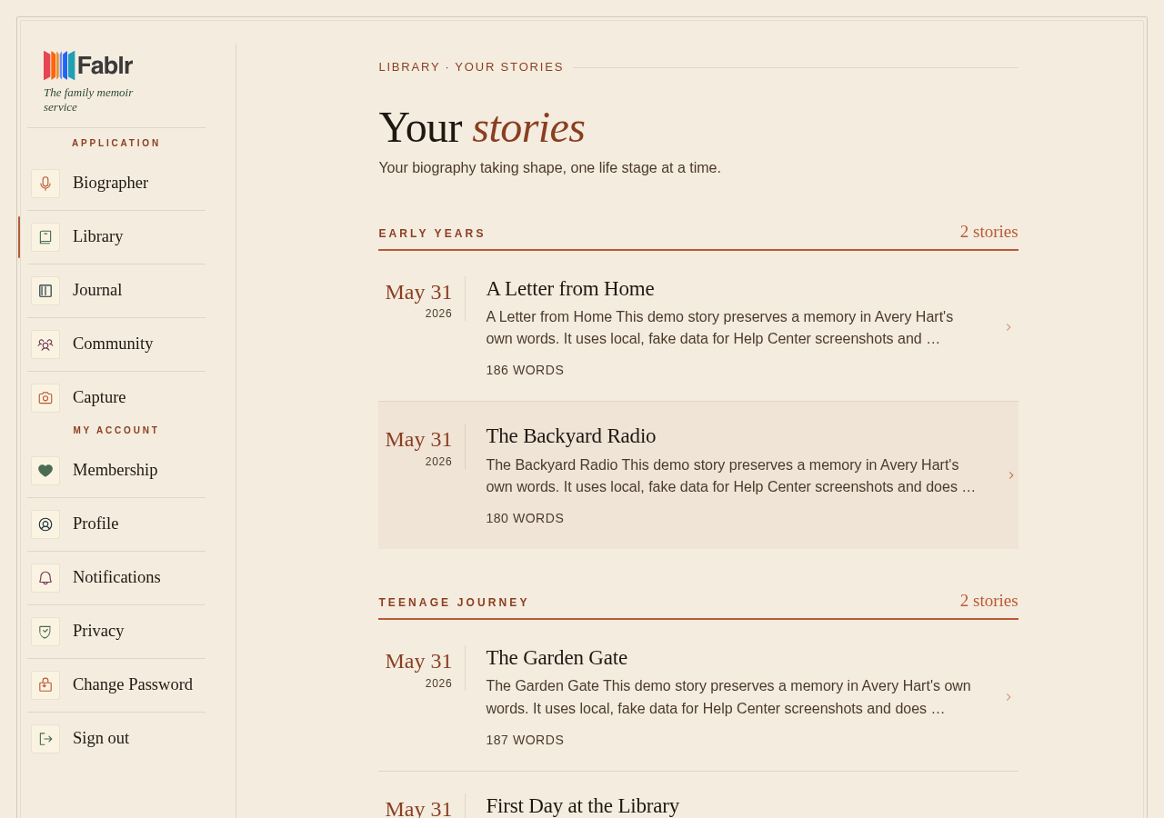 The Library page showing saved story rows in the Fablr app.