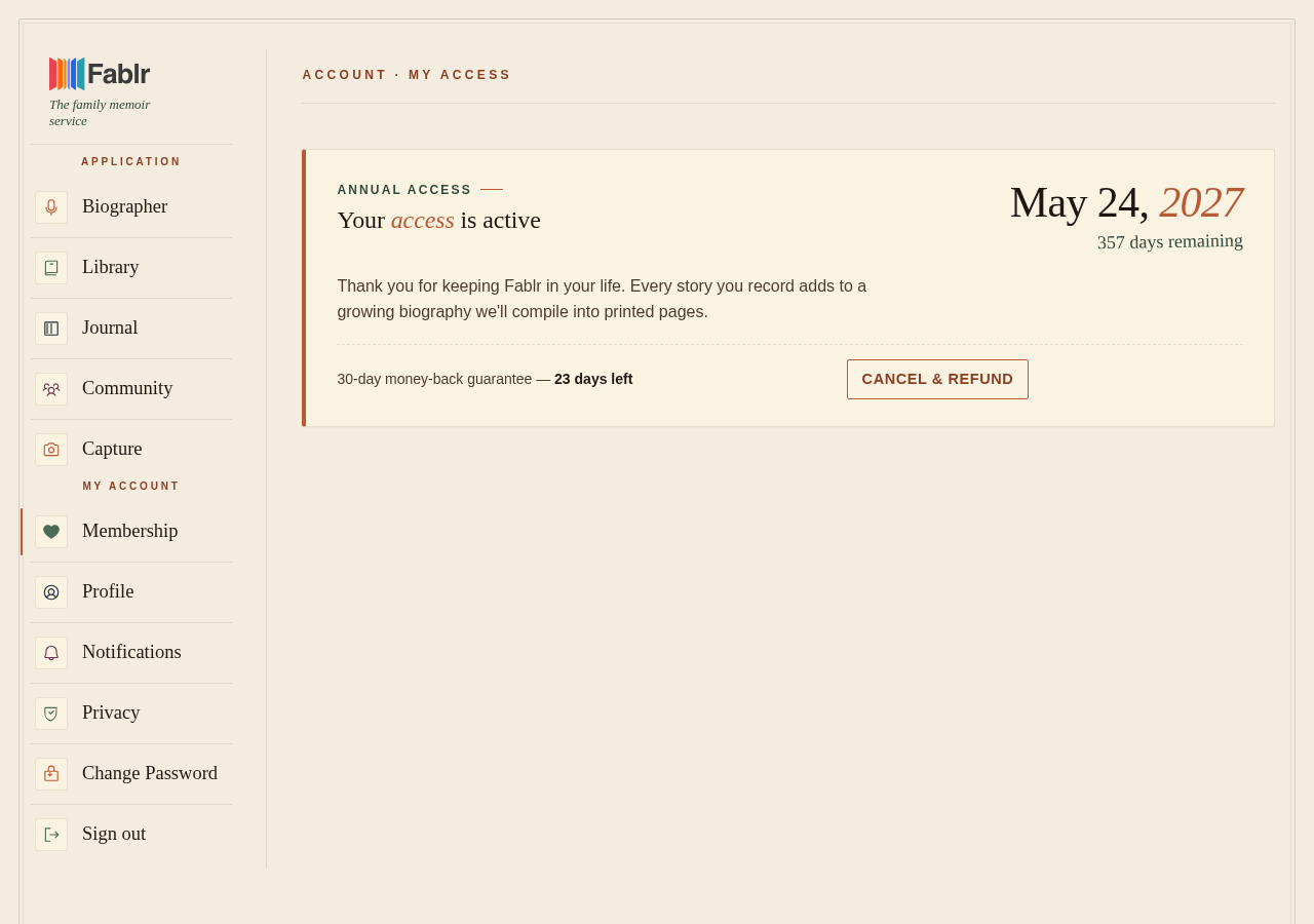 Subscription settings page showing the refund cancellation section for eligible access.