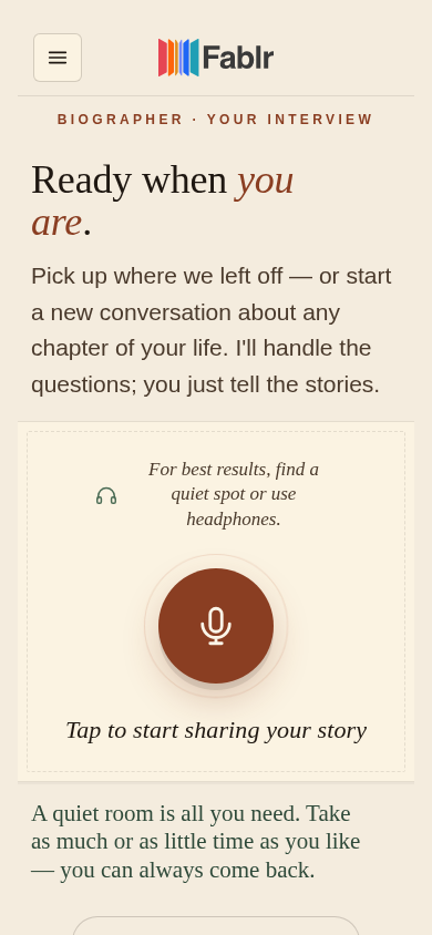 Mobile voice page ready for a recipient's first conversation.