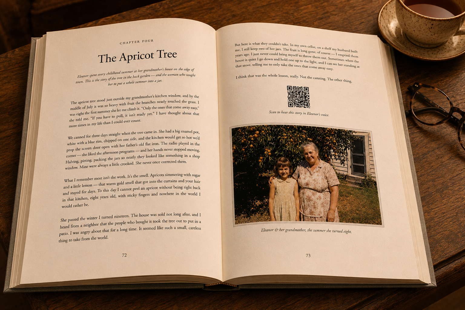 Open sample book spread titled The Apricot Tree