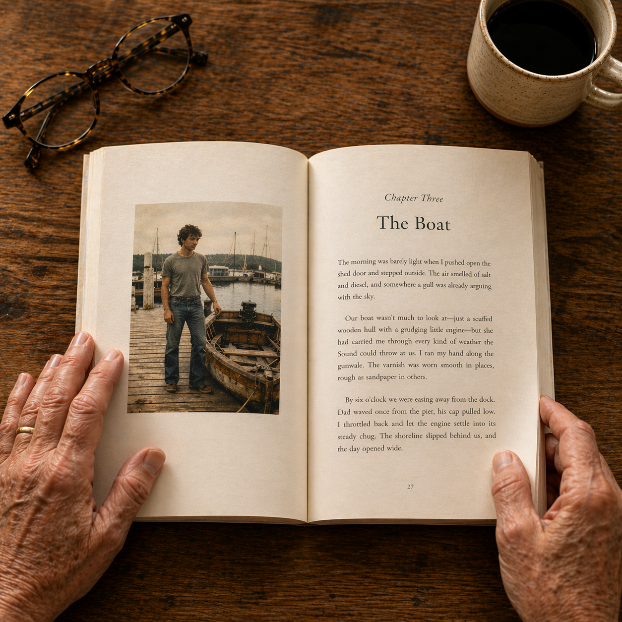 Open sample book spread titled The Boat