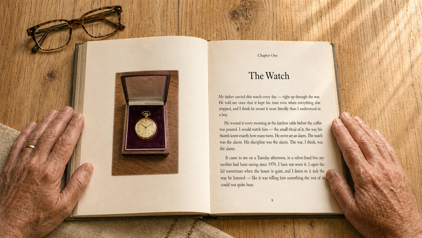 Open sample book spread titled The Watch