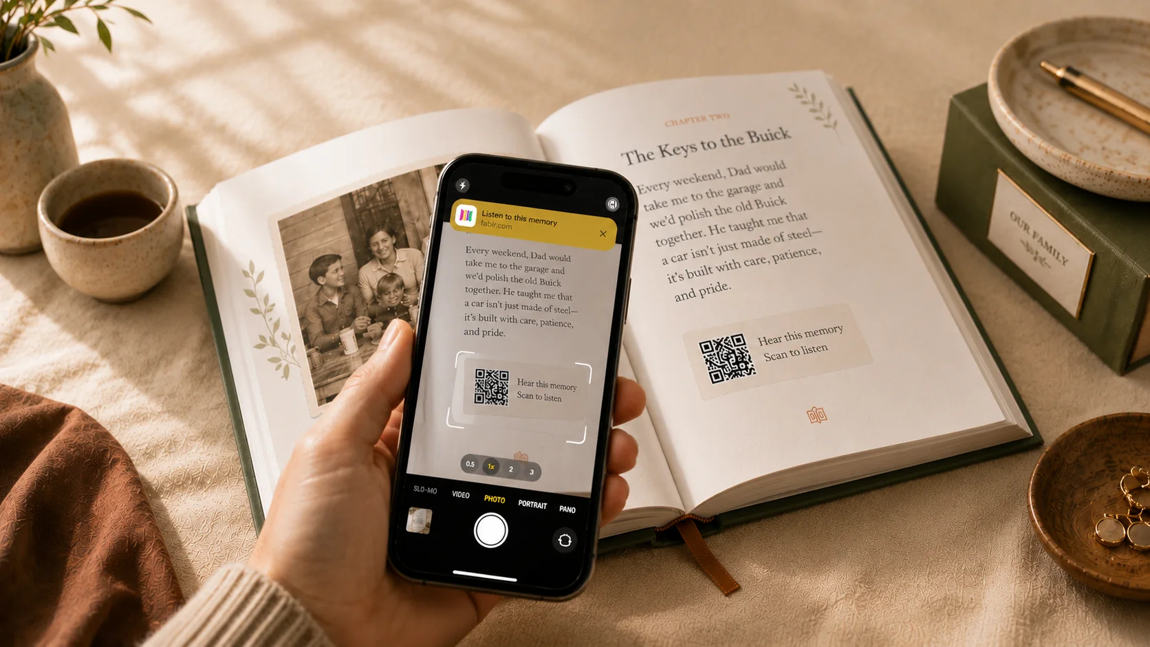 A phone camera scanning the code printed beside a story to hear it read aloud in the storyteller's own voice