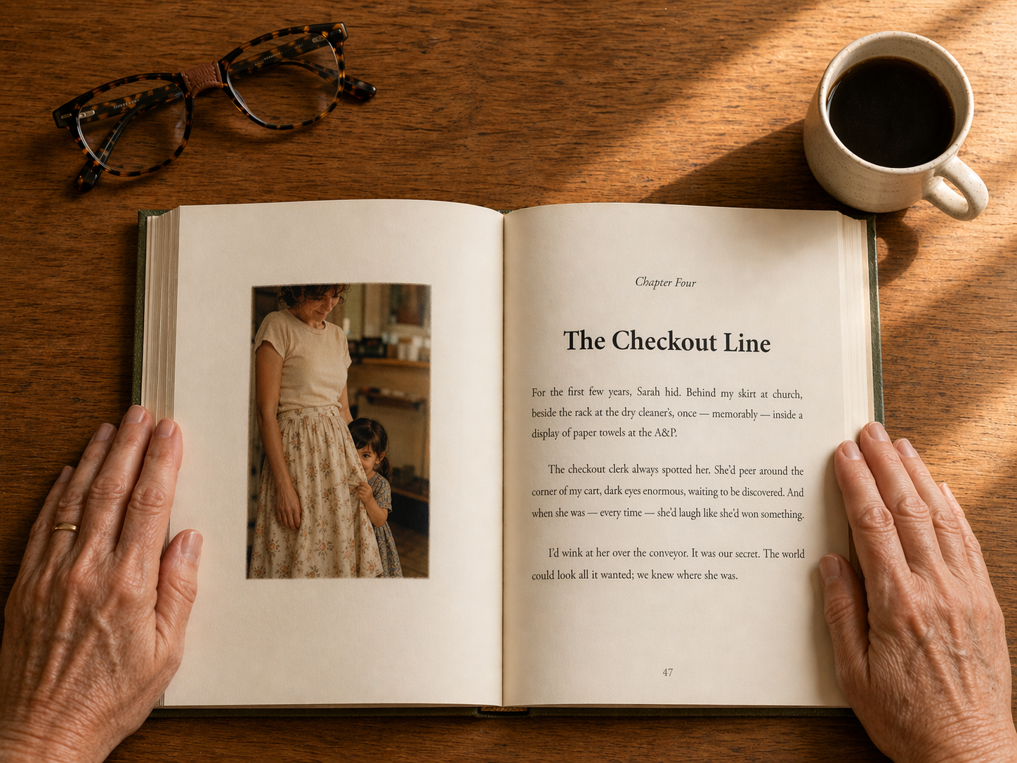 An open chapter spread — a printed story beside a family photograph.