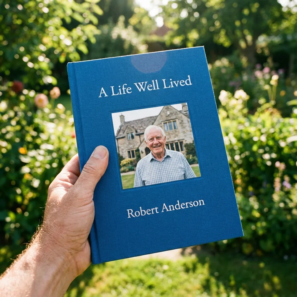 A hand holds a finished blue hardcover memoir titled 'A Life Well Lived' in a sunlit garden.