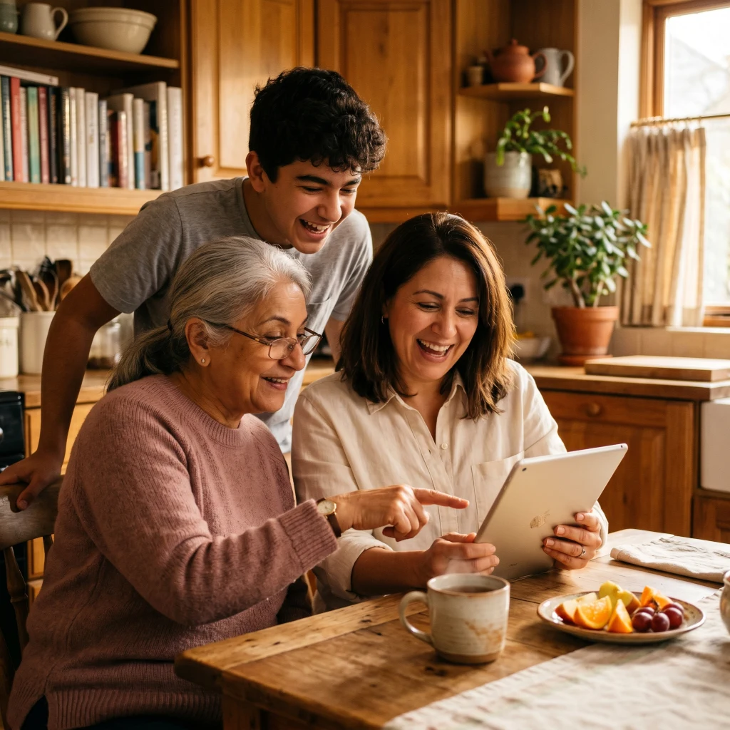 Three generations gather around a tablet at a kitchen table, smiling together.