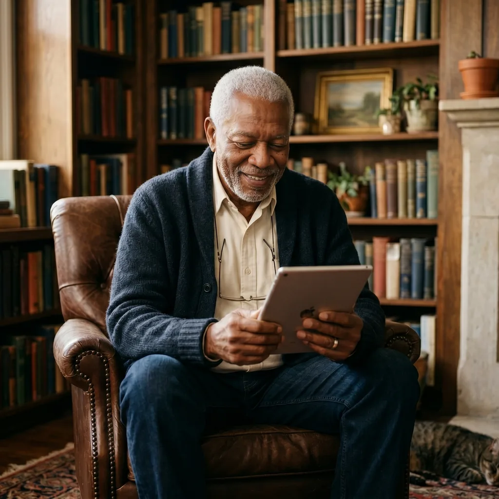An older man sits in a leather armchair in a book-lined room, smiling as he talks.