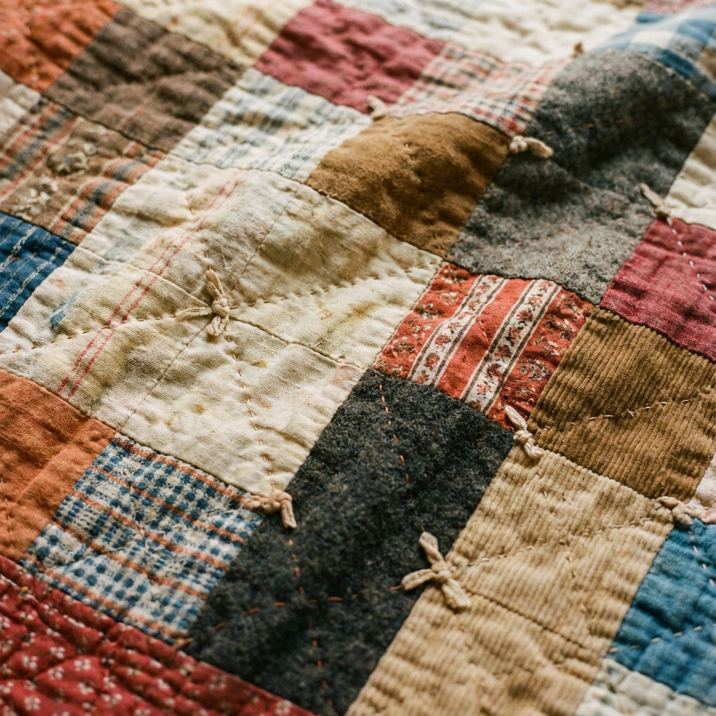 Handmade patchwork quilt showing detailed stitching