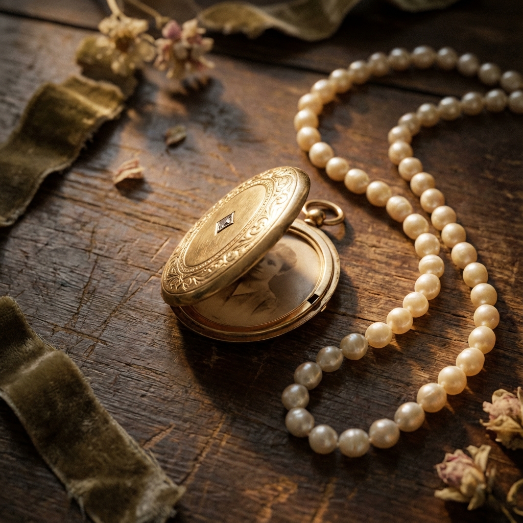 Vintage jewelry box with pearls and family rings