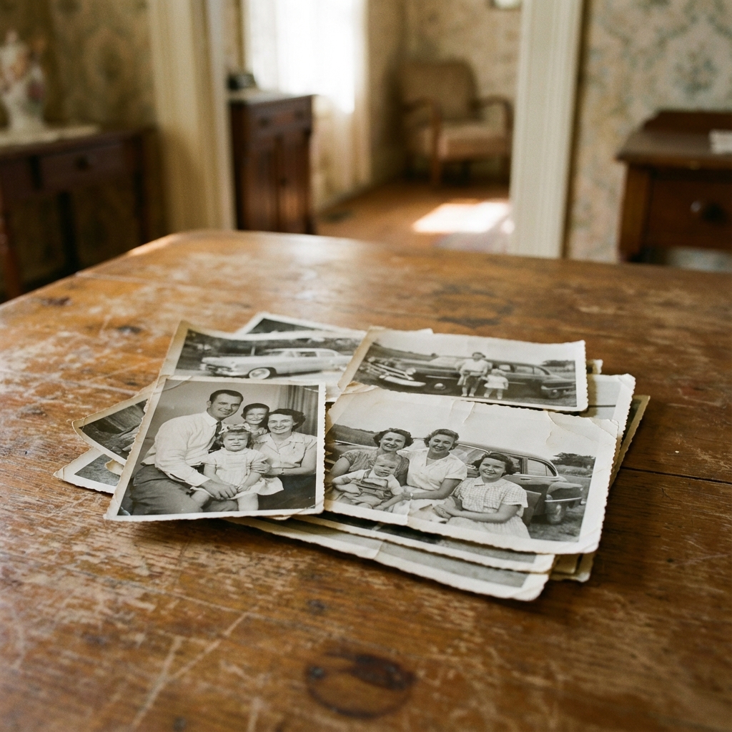 Hands holding a faded family photograph