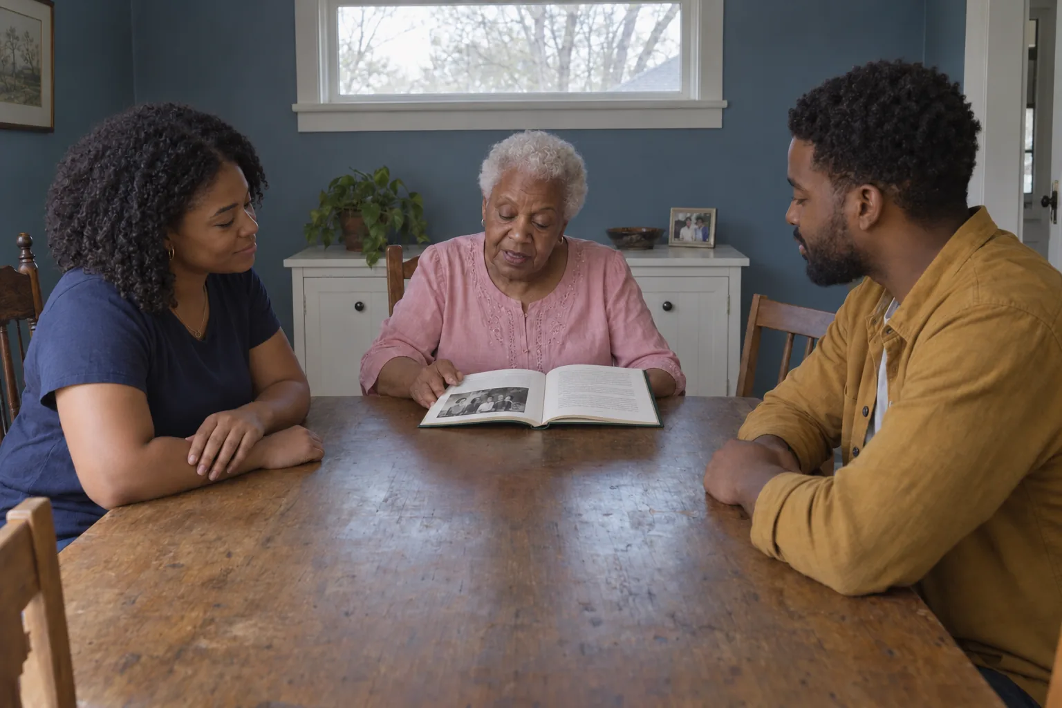A grandmother at the dining table reads aloud from her open hardcover as two grown grandchildren listen.