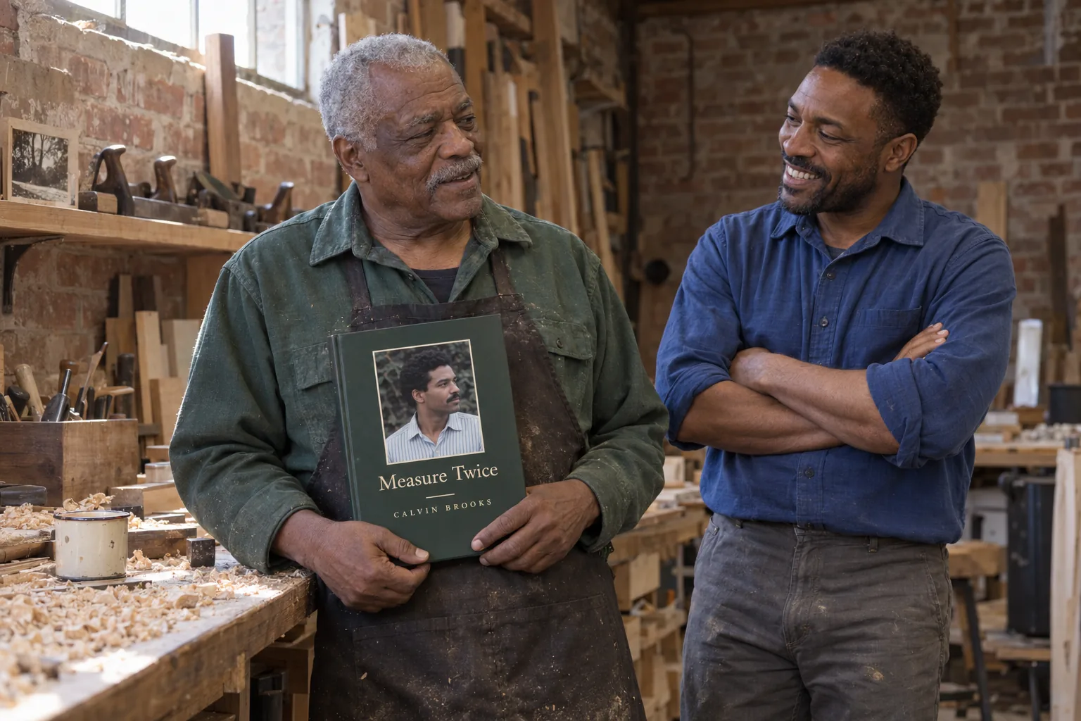 A father in his woodworking shop holds his Fablr hardcover as his grown son laughs beside him.