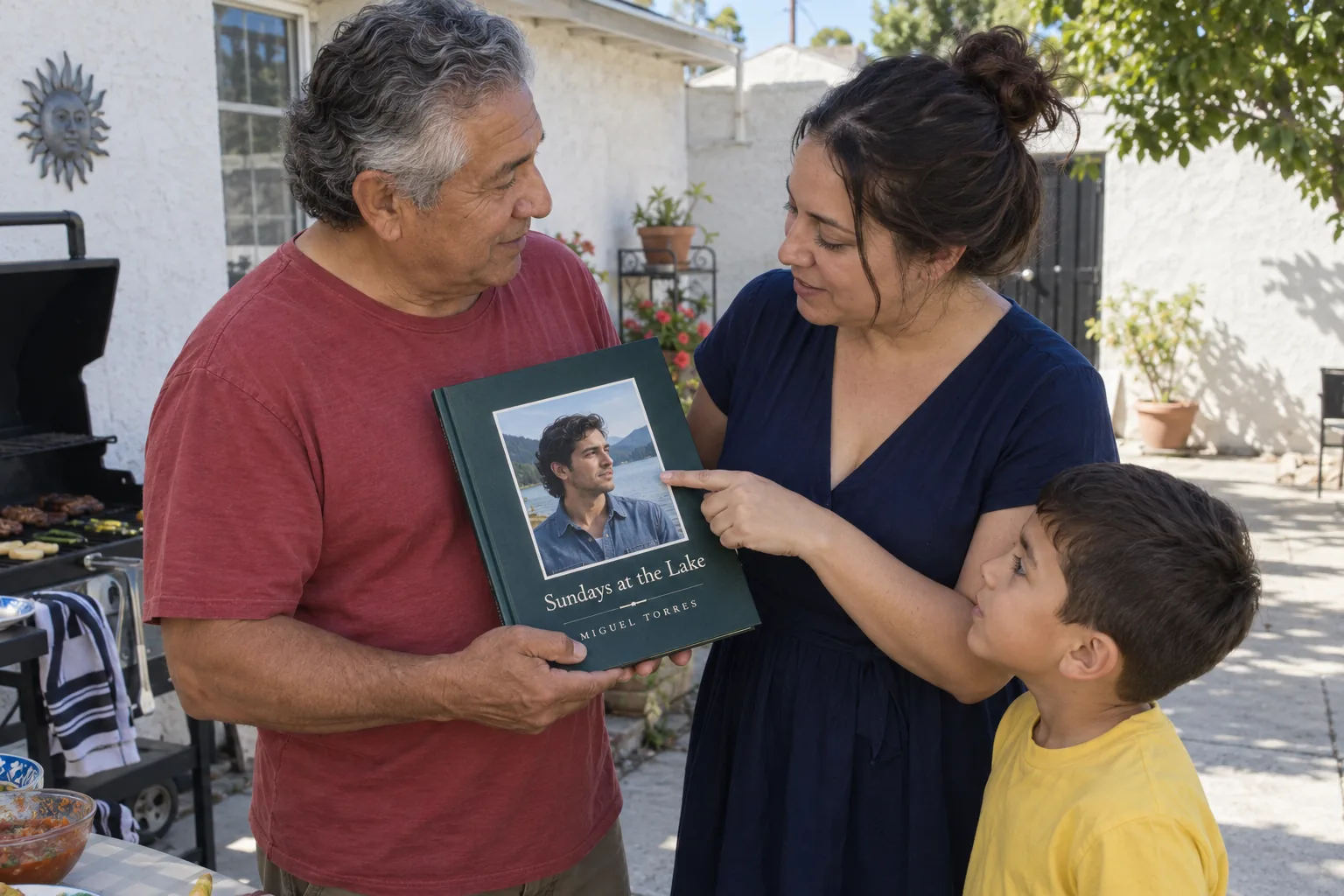 A father at a backyard grill holds his Fablr hardcover while his daughter and grandson look at it.