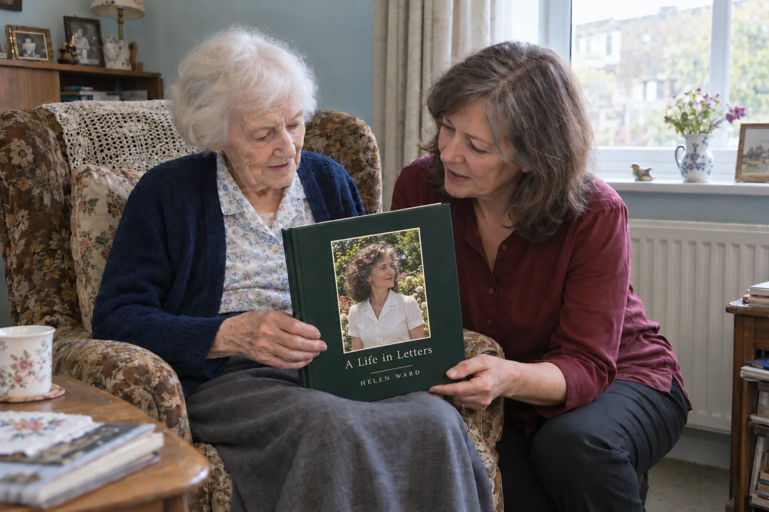 An elderly mother in an armchair by the window holds her Fablr hardcover as her daughter leans in beside her.