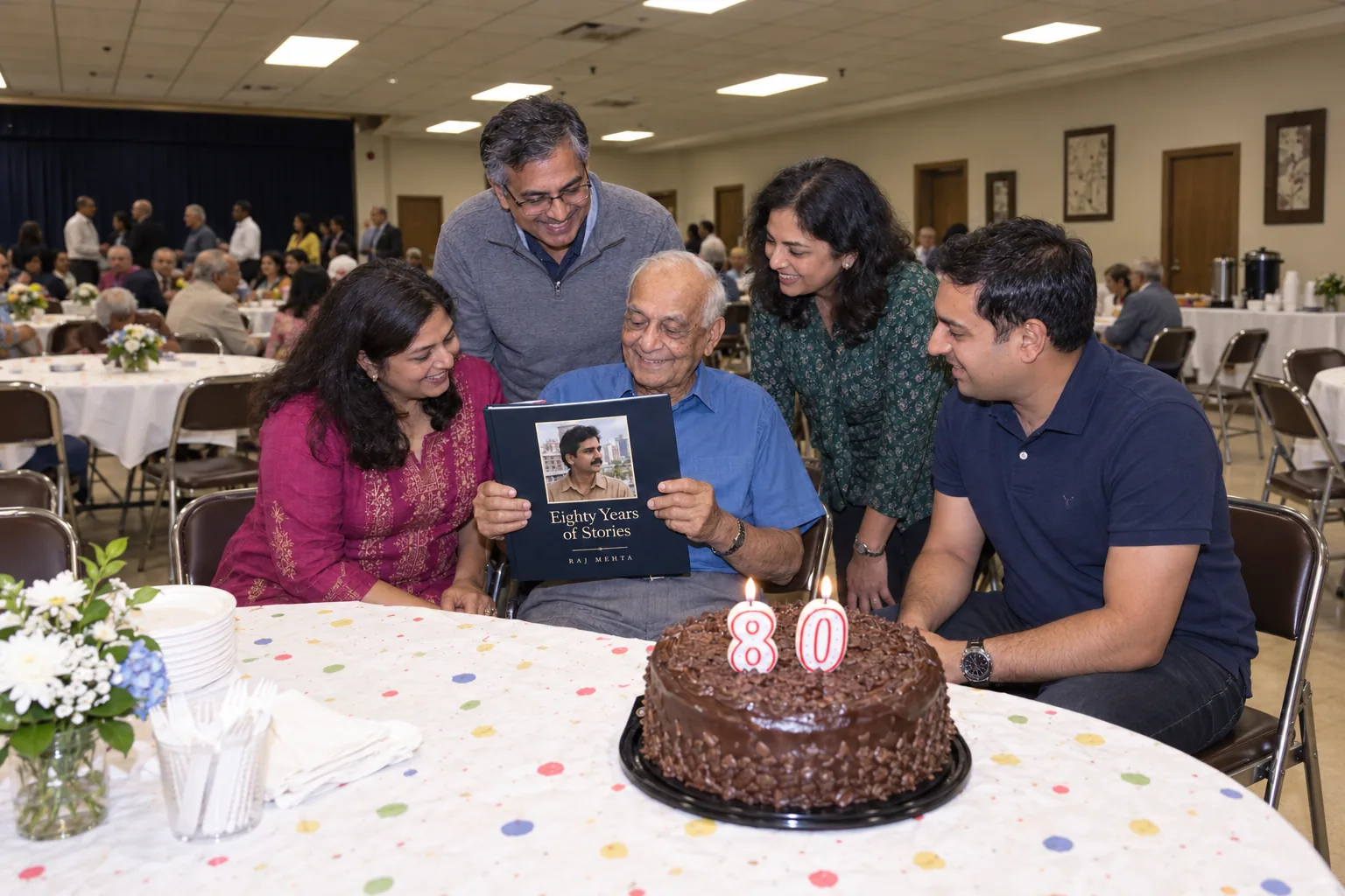 A grandfather at his eightieth birthday party holds his Fablr hardcover, with family and a cake around him.
