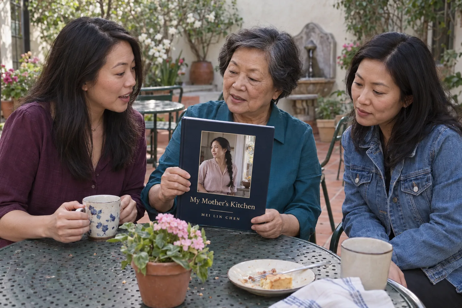 A mother at a cafe table with her two grown daughters holds her Fablr hardcover.