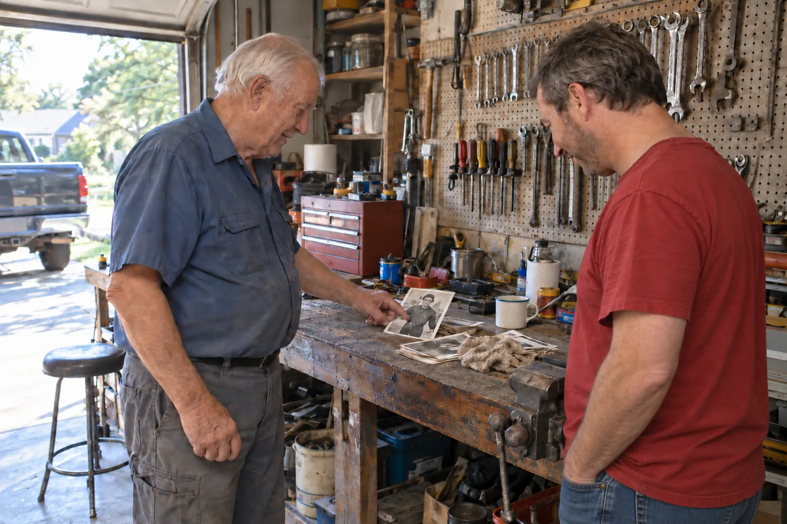 A father in his garage workshop shows his adult son an old photo of himself as a teenager in a gas station uniform.