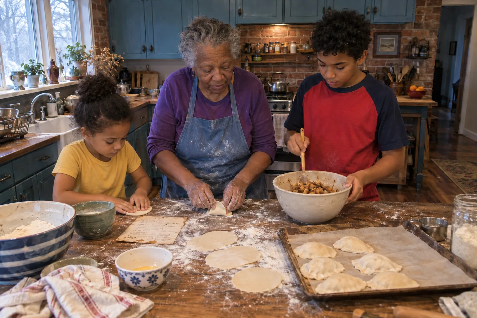 A grandmother and two grandchildren fold holiday dumplings at a flour-dusted kitchen counter, with a handwritten recipe card beside them.