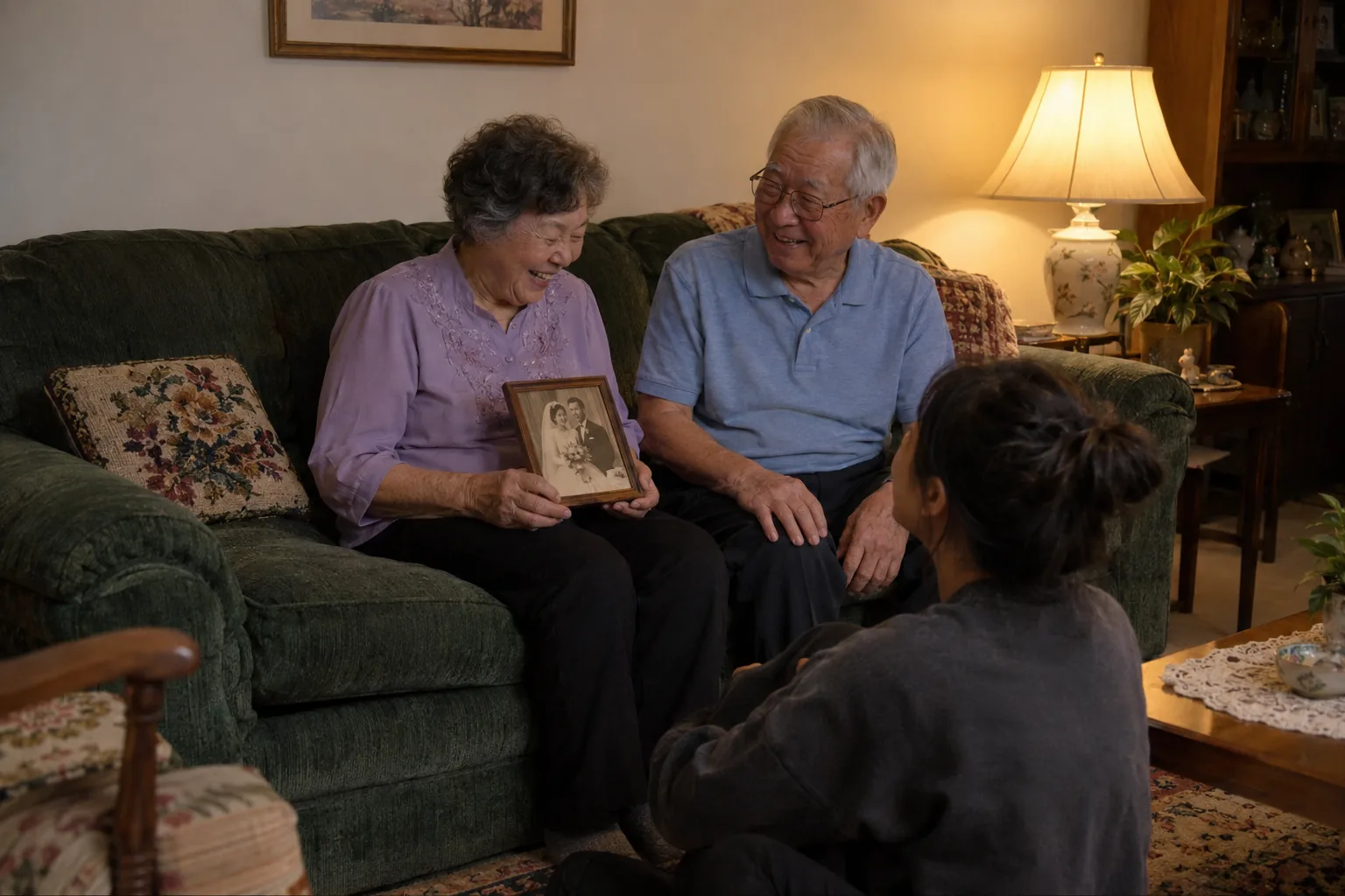An older couple on their sofa laugh over their framed wedding photo while a grandchild sits on the floor in front of them.
