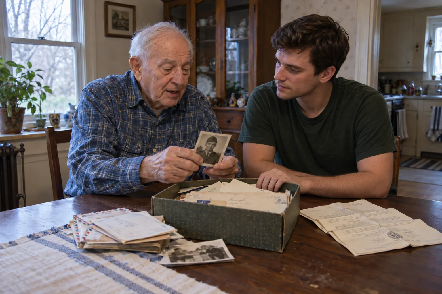 A grandfather at his dining table shows his grandson a small photo of himself as a young soldier, with a box of old letters between them.