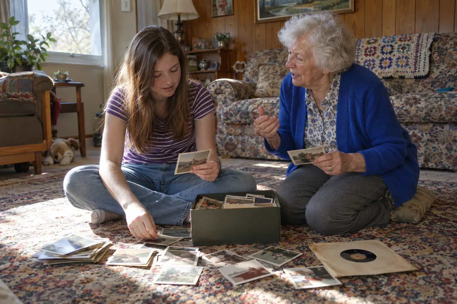 A grandmother and her teenage granddaughter sit on a living room rug going through a box of faded 1960s snapshots.