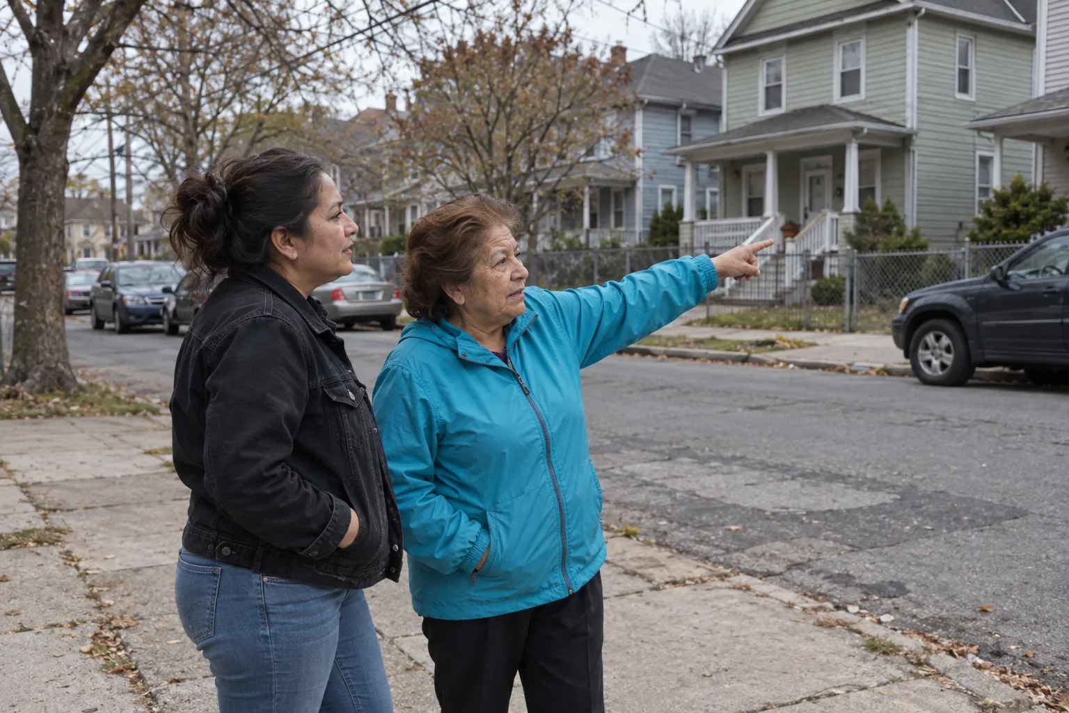 A mother stands on a sidewalk with her adult daughter and points across the street at the house she grew up in.