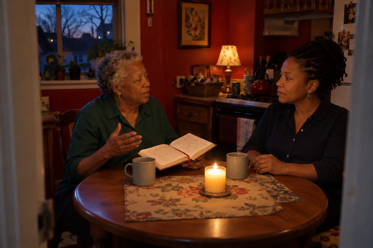 A mother holds a well-worn book with notes in its margins as she talks with her adult daughter at a kitchen table by candlelight.