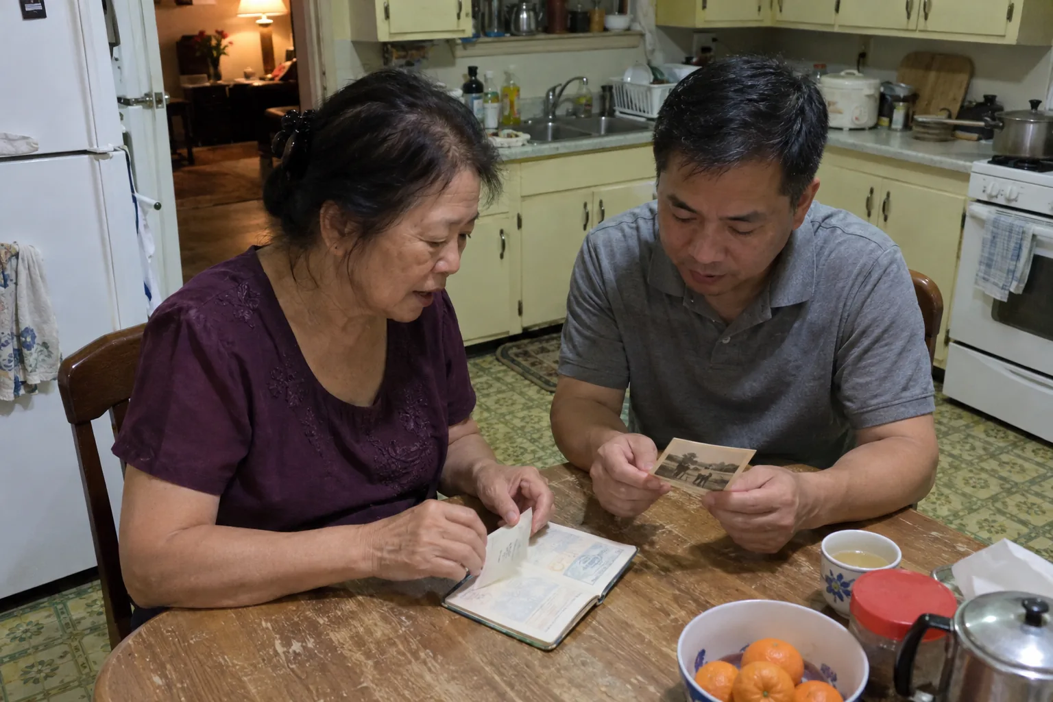 A mother at her kitchen table shows her adult son her old passport while he holds a small faded photograph.