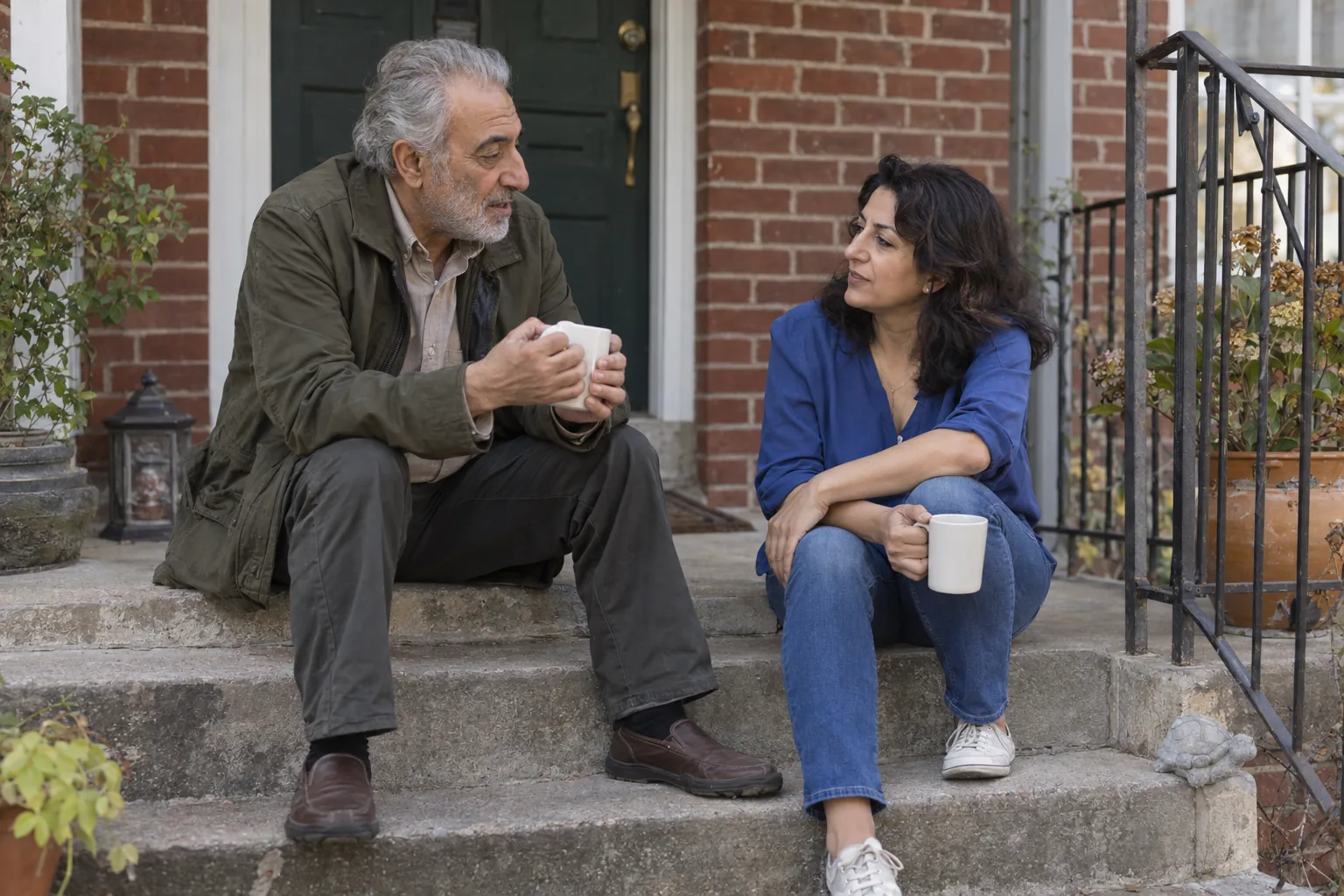 A daughter and her father sit on the front porch steps with coffee, talking.