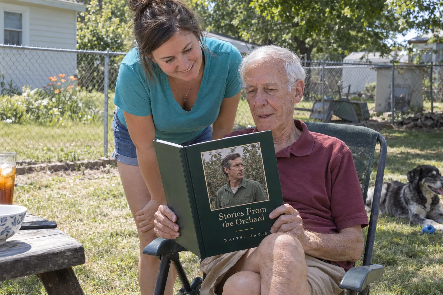 A grandfather in a backyard lawn chair holds his Fablr hardcover while his granddaughter reads over his shoulder.