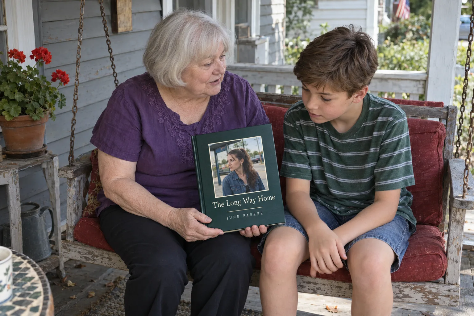 A grandmother on a porch swing holds her Fablr hardcover while her grandson sits beside her.