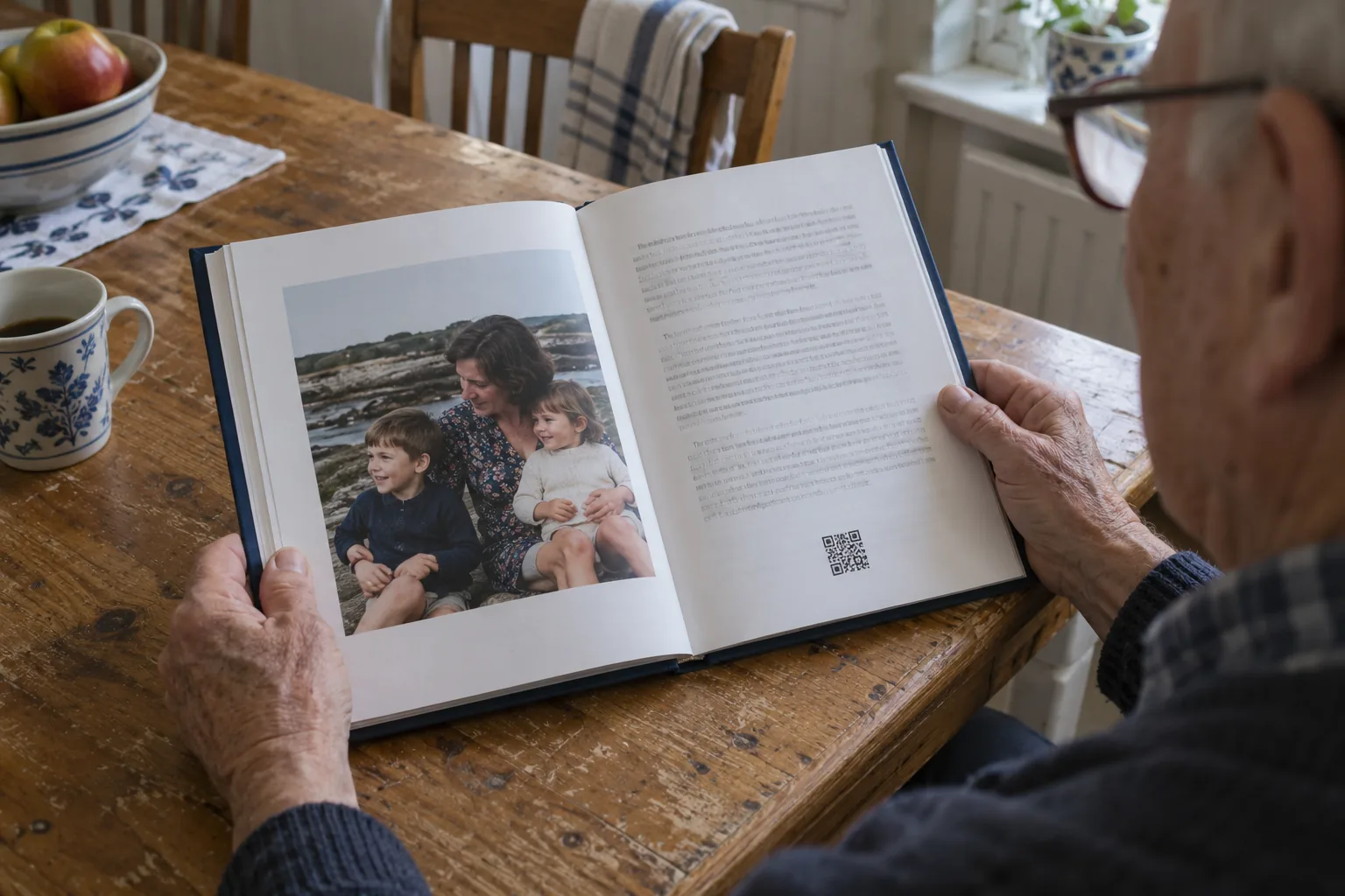 An older man’s hands hold an open hardcover with a family photograph on one page and a printed code at the foot of the other.